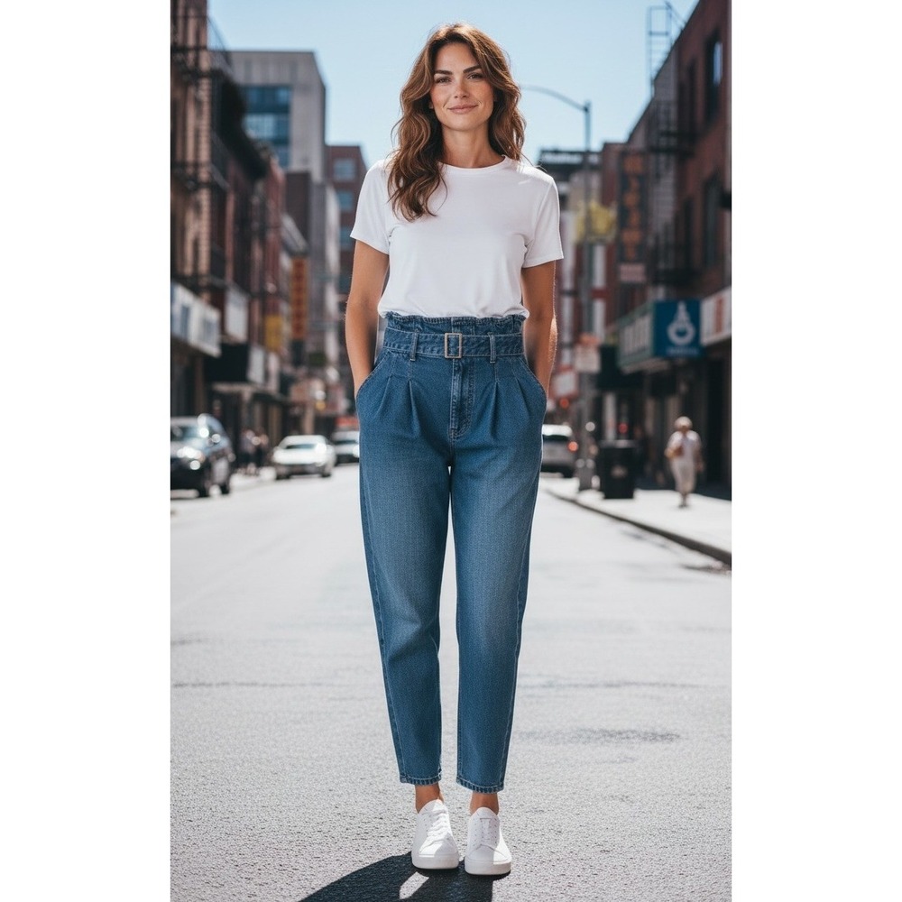 Polo Ralph Lauren Paperbag Waist Pleated Jeans Medium Wash Belted Tapered Leg